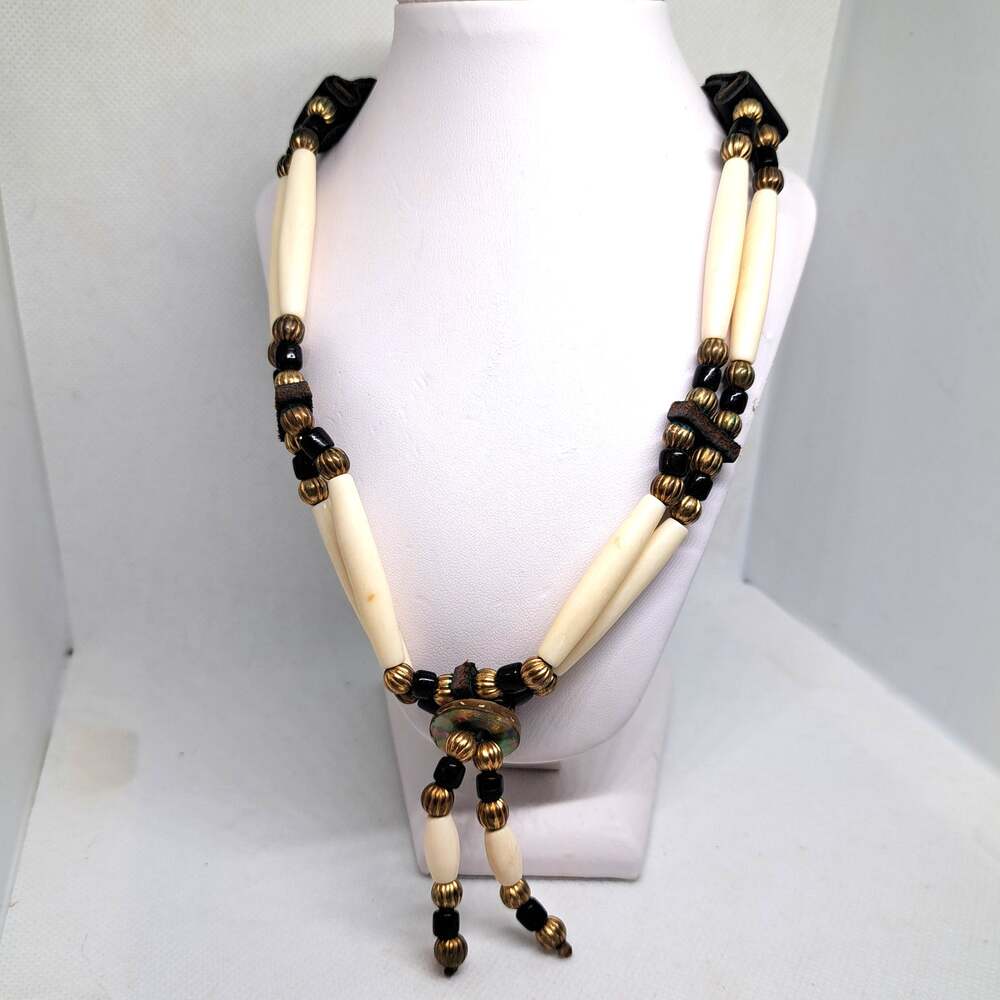 Handmade Native Tribal look 2 line "bone" choker Necklace on leather strap